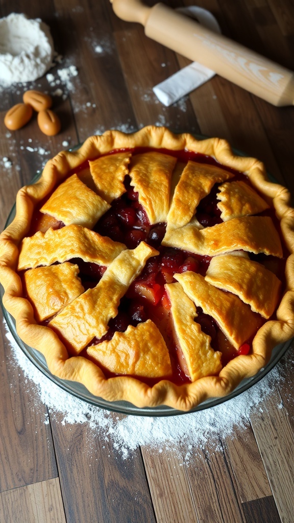 A golden brown double pie crust with fruit filling, freshly baked and sliced on a wooden table.